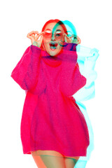 Exciting. Multiple portrait with glitch duotone effect. Multiple exposure, abstract fashionable beauty photo. Young beautiful female model posing. Youth culture, composite image, fashionable people.