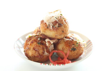 Japanese summer street food, Takoyaki octopus ball on dish 