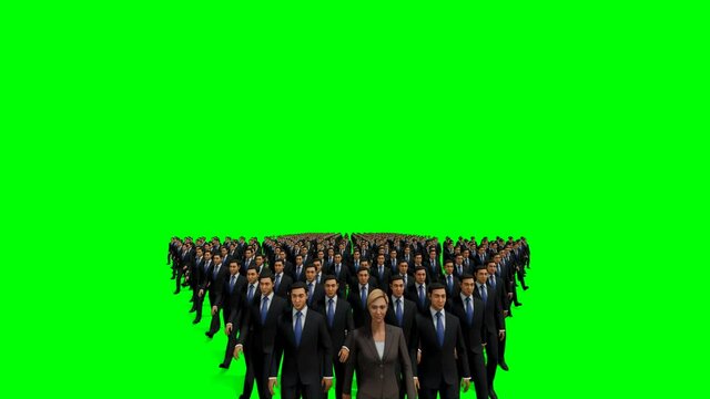 Businessmen with a businesswoman in front forming arrow shape pointing up, 4K, against Green Screen