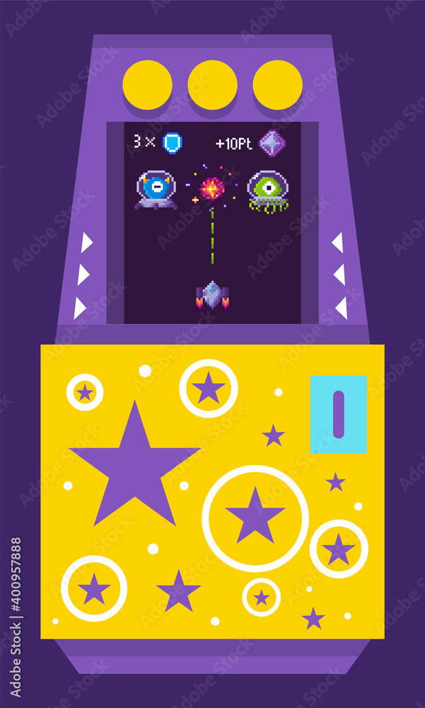 Poster classic arcade machine with monsters in space suits decorated with stars. pixel aliens vintage video