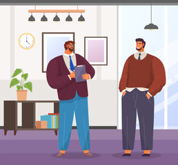 Adult male characters are talking together. Positive communication of colleagues. People have a dialogue. A man writes down words during a conversation. Guys work and spend time in the office