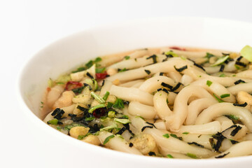 Soup udon on white background