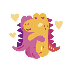 Cute colorful vector doodle with dinosaurs in love. Hand drawn dinosaurs hugs with heart. Vector template for card, postcard, banner, poster, sticker and social media