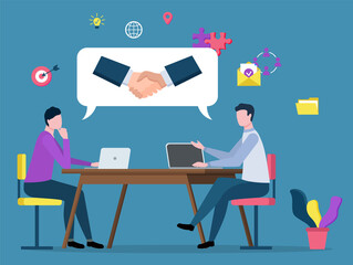 Workers deal, broker collaboration, marketing cooperation, Man and woman sitting at desktop with laptop, financial partnership, handshake icon vector