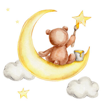 Cute teddy bear paints a star; watercolor hand draw illustration; can be used for kid poster or baby shower; with white isolated background