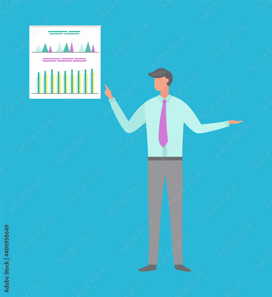Poster boss on meeting showing info vector, visualization speaker with whiteboard. flowcharts and graphics,