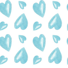 Seamless pattern with light blue hearts on white background, hand painted watercolor illustration