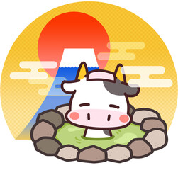 温泉に入っている牛　富士山　イラスト