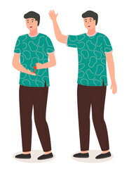 Young handsome man in casual clothes stands at full height, holding a chinese souvenir in his hands, vector flat illustration. Male character tourist in a Chinese city raised his hand and greeting