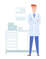 Doctor in a white coat with a badge works in the lab. Redhead therapist in medical office. Male character smiles and standes with folded arms on his chest. Working day and pastime in medical facility