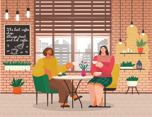 People drinking coffee and talking with each other in cafe. Man and woman on date or friends meeting. Coffeehouse cozy interior with decorations and houseplants. Vector illustration in flat style