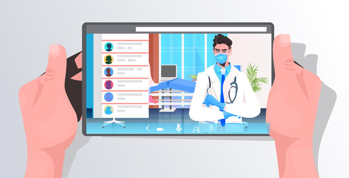 human hands using tablet with male dotor on screen online consultation covid-19 pandemic concept hospital ward interior portrait horizontal vector illustration