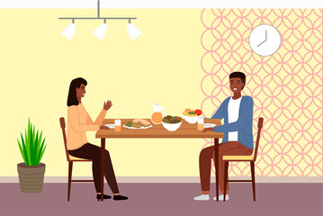 Table with fruit, salad and sandwiches. Family is eating natural food. Characters in relationship are having date in the restaurant. Afro American people are communicating and spending time together
