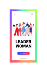 businesswomen leaders in formal wear standing together successful business women team leadership concept female office workers using digital gadgets vertical copy space full length vector illustration