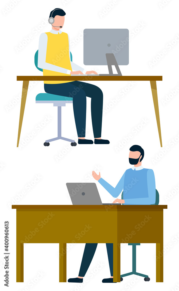Poster people working on projects using laptops vector, isolated character looking at screens of computers.