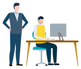 Working man vector, isolated male with employee flat style characters at work. Businessman supervising personage sitting by laptop lifestyle of people using innovative technologies at job illustration