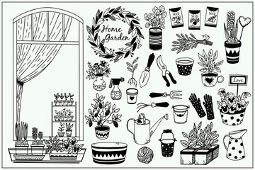 Gardening items set. Window flower boxes. Cute doodle graphic illustration. Hand drawn elements.