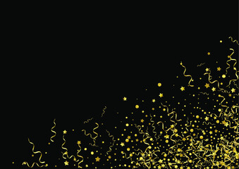 Golden Streamer Isolated Vector Black Background. Celebrate Confetti Template. Ribbon Fun Plant. Gold Carnival Branch.