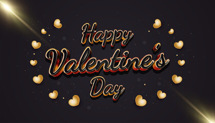 Happy Valentine's Day greeting banner with 3d gold heart ornament and glowing light on dark background. Holiday gift card. Romantic background with 3d decorative objects. Vector illustration