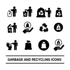 Vector image. Different garbage and recycling pictograms. Trash bins.