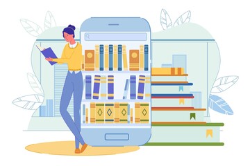 Girl Read Book Stand by Huge Phone with Bookshelf