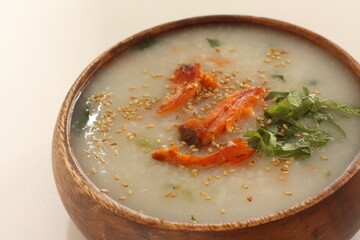 Asian food, grilled salmon fish and shiso for Japanese style congee breakfast