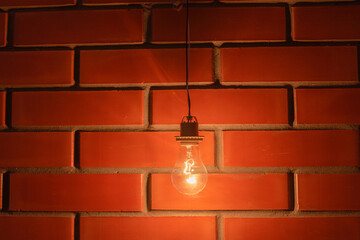 incandescent lamp hanging from wires on a brick wall