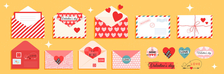 Valentine's day envelopes and cards in red and pink color flat style. Postcards and letters for lovers. Vector stock illustration