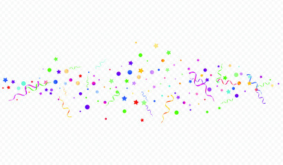 Fototapeta premium Variegated Ribbon Flying Vector Panoramic Transparent Background. Happy Circles Design. Streamer Abstract Illustration. Multi colored Carnival Invitation.