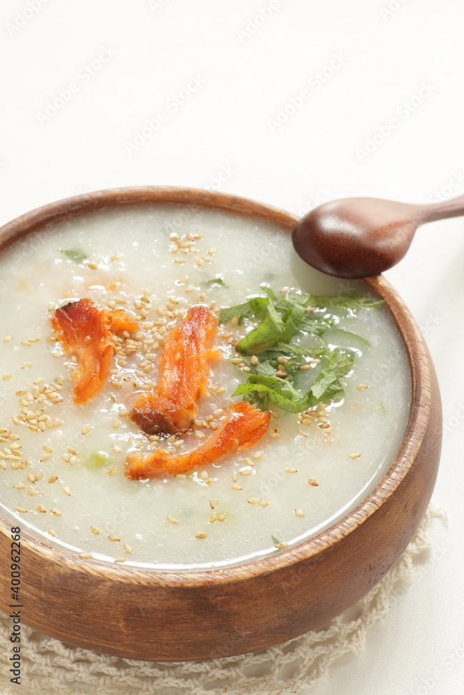 Wall mural Asian food, grilled salmon fish and shiso for Japanese style congee breakfast