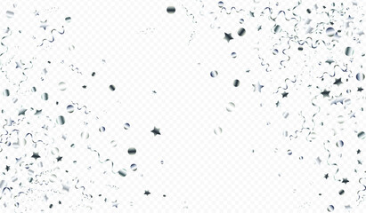 Silver Star Carnival Vector Transparent Background. Celebration Confetti Poster. Streamer Celebrate Illustration. Silver Abstract Template.