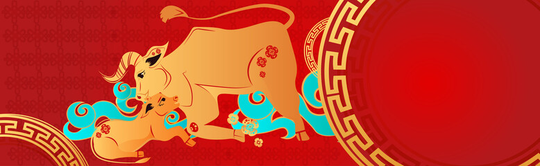 chinese new year of ox bull buffalo zodiac sign greeting card flyer invitation poster horizontal vector illustration