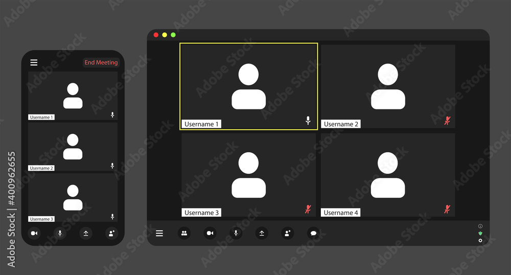 Poster template video conference user interface, video conference calls window overlay. three-four users.
