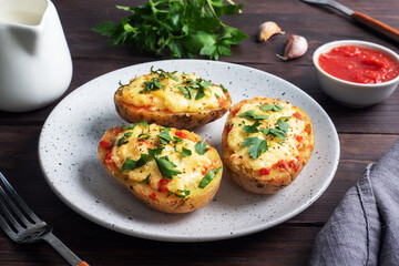 Baked potatoes in the peel stuffed with cheese with garlic and herbs.
