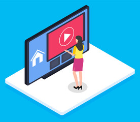 Young brunette girl, back view, standing on white platform in front of cartoony huge monitor with video player icon. You tube video broadcasting, chatting, streaming, Broadcast. E-commerce. Flat image