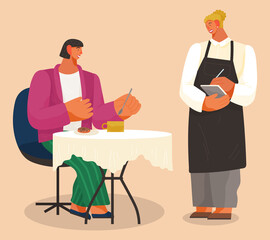 Young woman sitting on chair at a table eating donut drinking coffee. Female character having lunch in a restaurant or cafe, girl waitress standing with a sheet of paper and a pen writes order