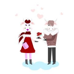 Love the bull and cow. Stylish farm animal characters for Valentine's Day. Paired ungulates rejoice, the bull gives flowers to the cow. Modern vector flat illustration