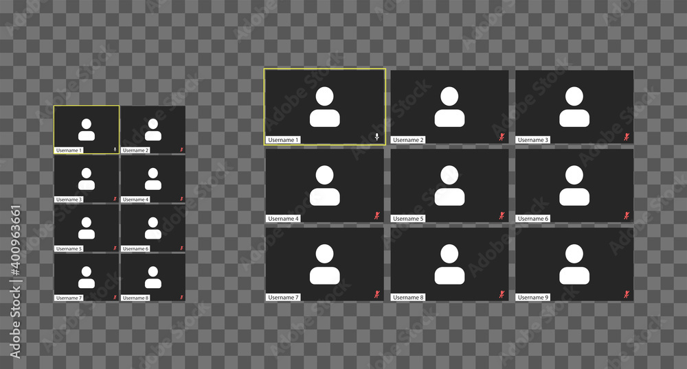 Poster template video conference user interface, video conference calls window overlay.nine users.
