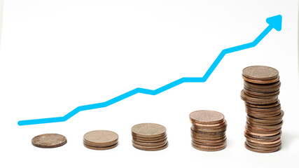 euro cent coins creating a graph that rises with an upward arrow. Monetary graph of money. positive graph