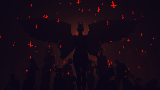 Devil Women Black Demon Fallen Angel with Red Eyes Surrounded By Lesser Demons and Upside Down Red Crosses Gates of Hell 3d Illustration render