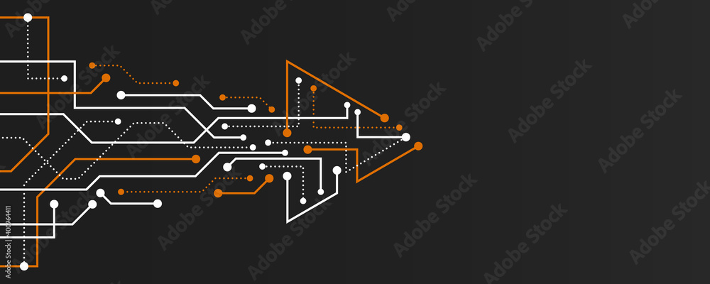 Poster Template for hi-tech banner or presentation. Abstract modern digital data. Vector futuristic arrow made of circuit board.