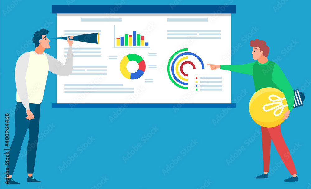 Aufkleber business information analysis and statistics vector, board with diagrams and explanation. businessma