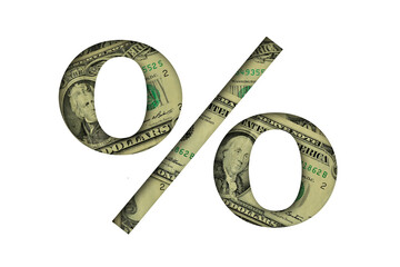 Percent sign with dollar banknotes - Concept of money and economy