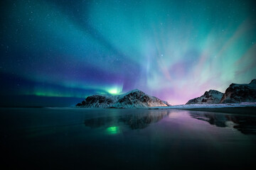 Aurora borealis on the Beach in Lofoten islands, Norway. Green northern lights above mountains. Night sky with polar lights. Night winter landscape.