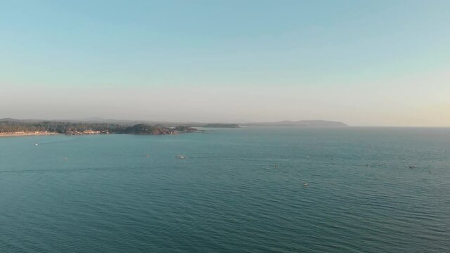 Panoramic view of Palolem beach and sea, India. Calm breeze on sunny day
