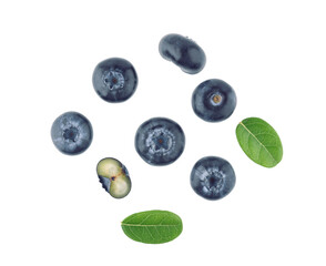blueberries with green leaf isolated on white background. top view