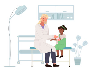 A podiatrist uses a bandage to help a girl. Patient with a sore arm at appointment with doctor in medical office. Orthopedist treats small child in hospital. Children s doctor works with a patient
