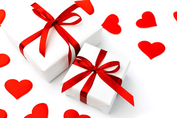 Background with gift and hearts with copy space for text on white background. Valentines day concept. Mother's Day concept.