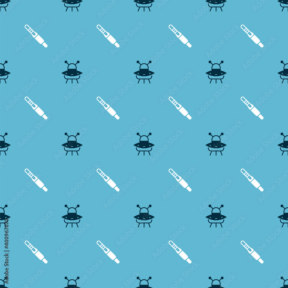 Poster set ufo flying spaceship and audio jack on seamless pattern. vector.