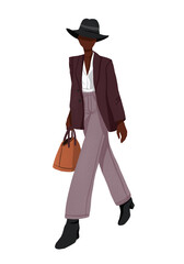 Abstract figure of a woman in a jacket, trousers and a hat. Fashion modern illustration